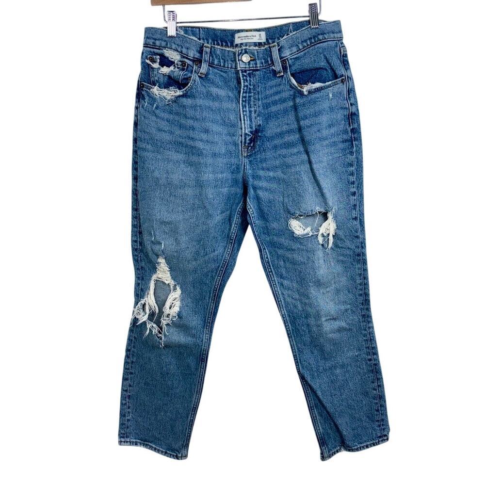 Abercrombie & Fitch High Rise Mom Jean Blue Denim Distressed Jeans Size 30 10 R